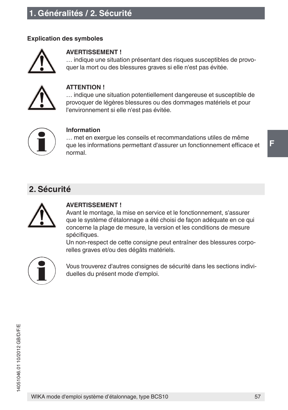 F1. généralités / 2. sécurité, Sécurité | WIKA BCS10 User Manual | Page 57 / 108