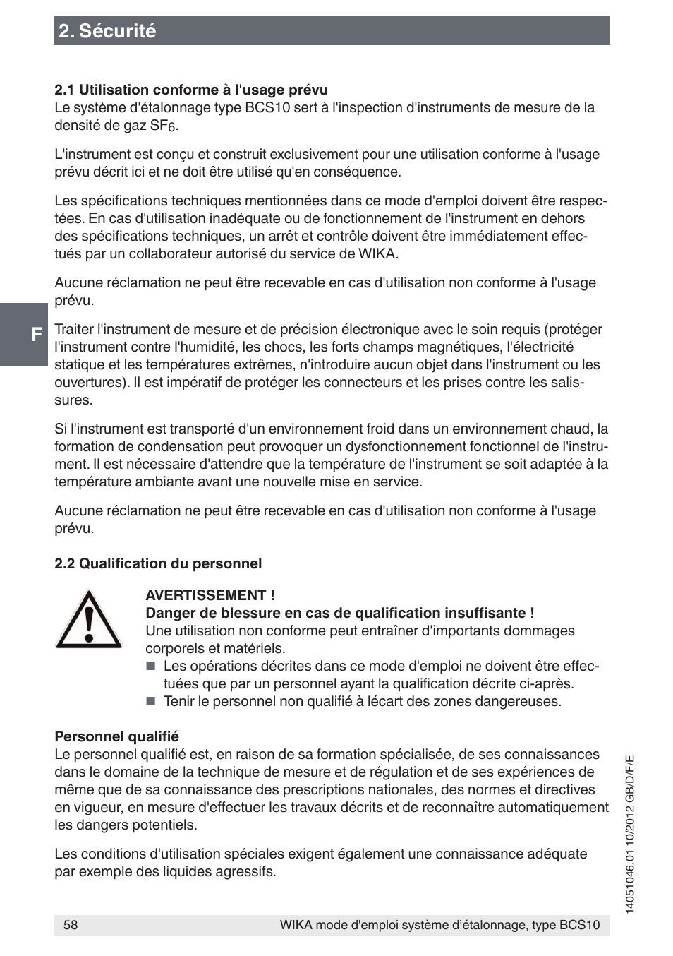 F2. sécurité | WIKA BCS10 User Manual | Page 58 / 108