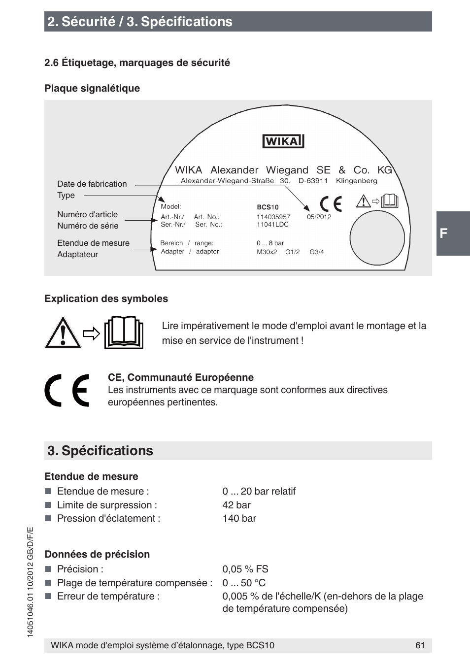 F2. sécurité / 3. spécifications, Spécifications | WIKA BCS10 User Manual | Page 61 / 108