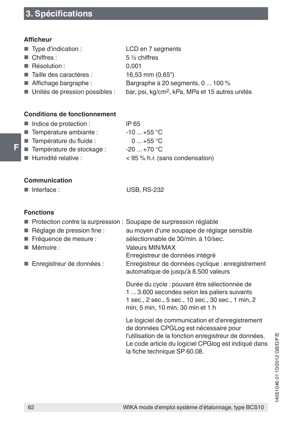 F3. spécifications | WIKA BCS10 User Manual | Page 62 / 108