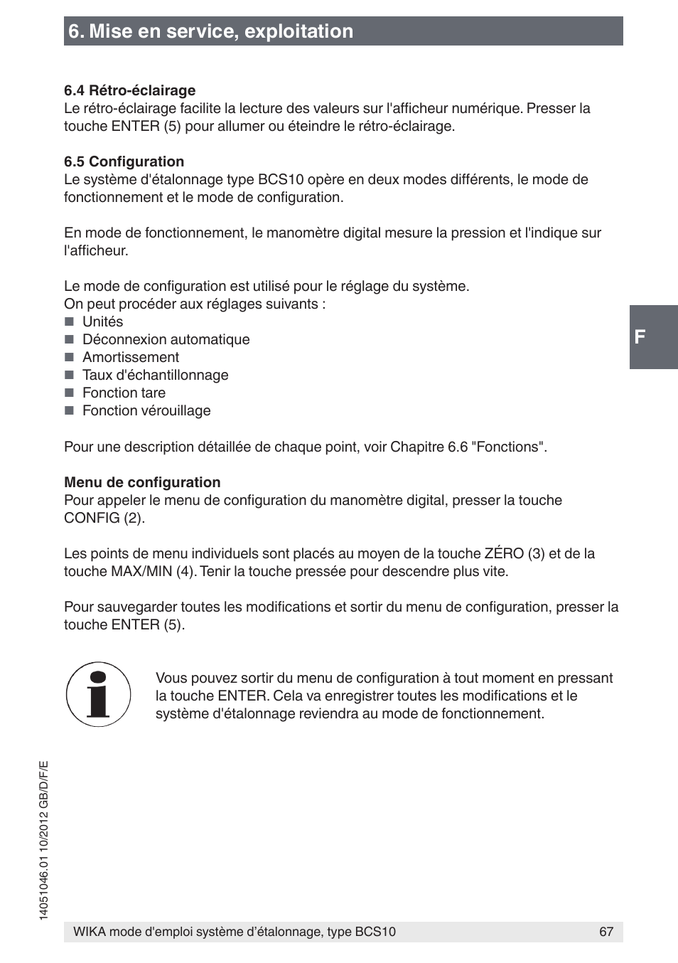 F6. mise en service, exploitation | WIKA BCS10 User Manual | Page 67 / 108