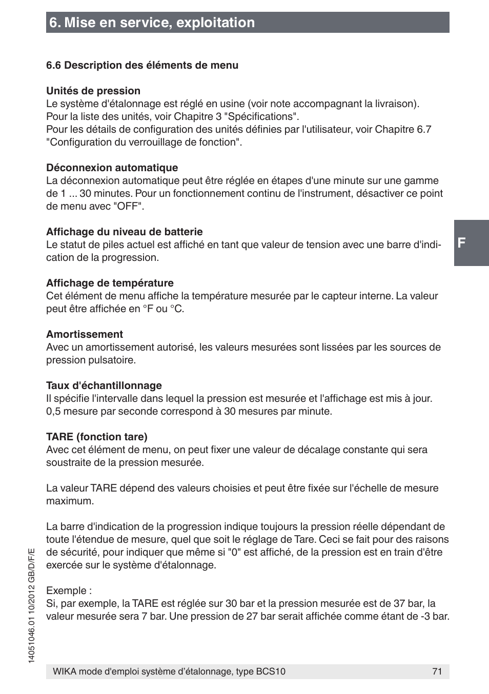 F6. mise en service, exploitation | WIKA BCS10 User Manual | Page 71 / 108