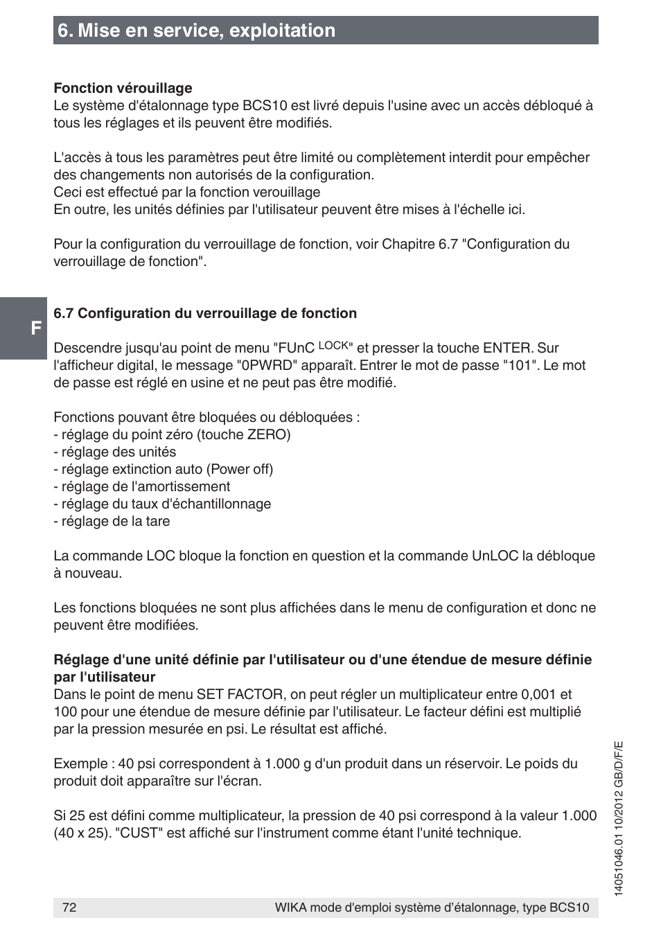 F6. mise en service, exploitation | WIKA BCS10 User Manual | Page 72 / 108