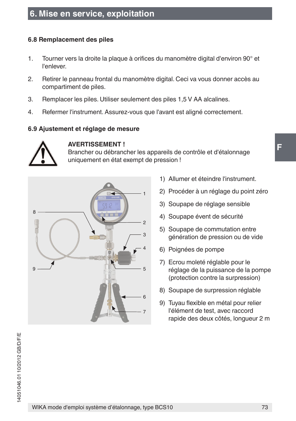 F6. mise en service, exploitation | WIKA BCS10 User Manual | Page 73 / 108