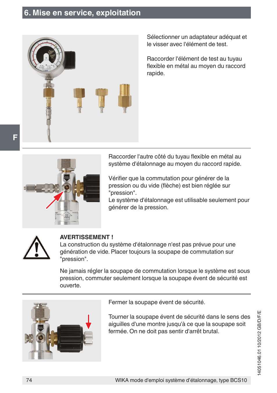 F6. mise en service, exploitation | WIKA BCS10 User Manual | Page 74 / 108