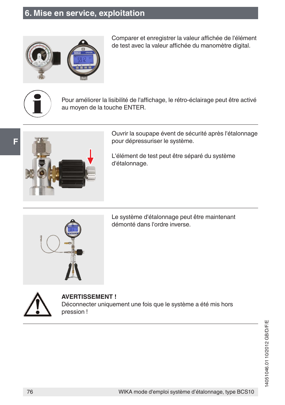 F6. mise en service, exploitation | WIKA BCS10 User Manual | Page 76 / 108