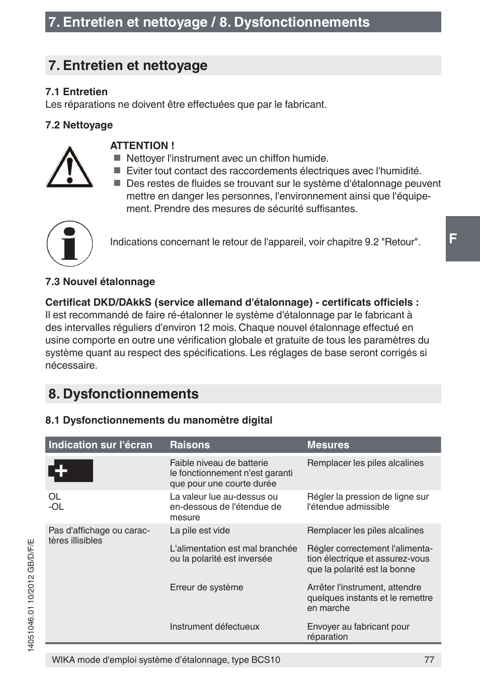 Dysfonctionnements | WIKA BCS10 User Manual | Page 77 / 108