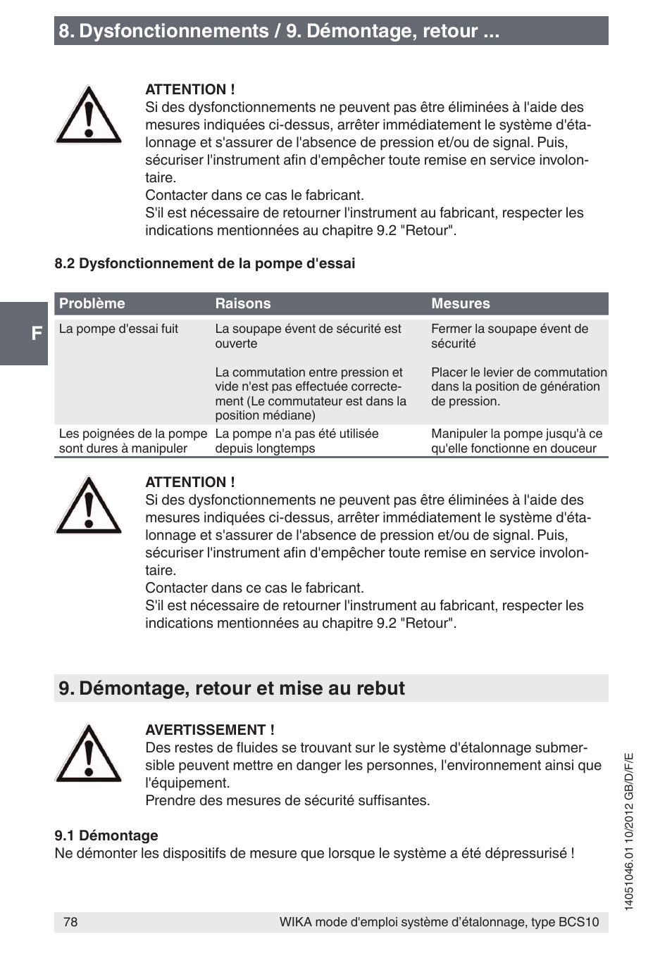 F8. dysfonctionnements / 9. démontage, retour, Démontage, retour et mise au rebut | WIKA BCS10 User Manual | Page 78 / 108