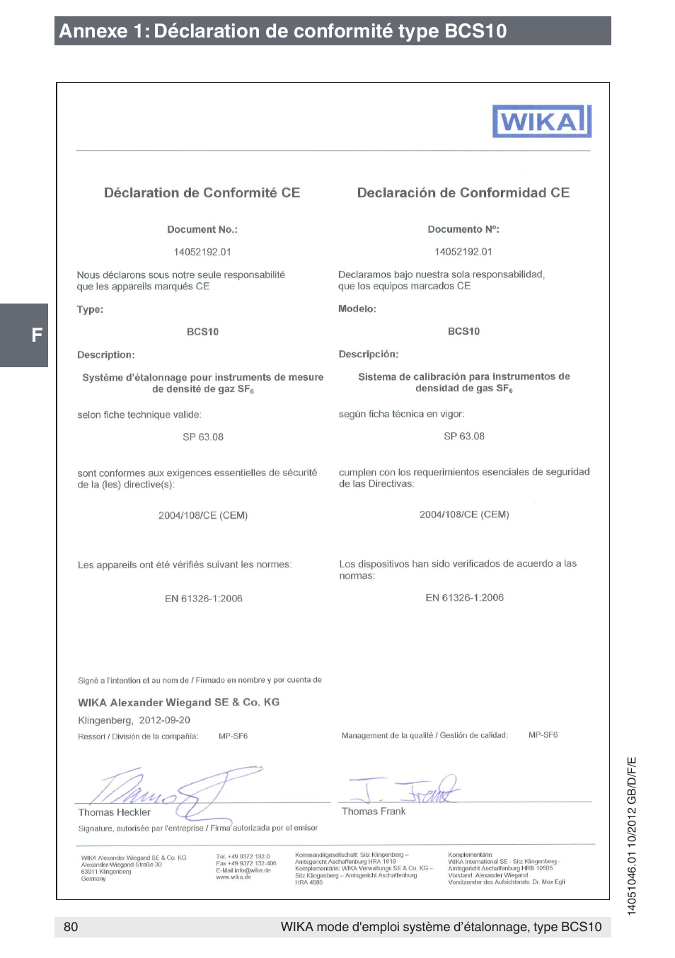 Fannexe 1: déclaration de conformité type bcs10 | WIKA BCS10 User Manual | Page 80 / 108