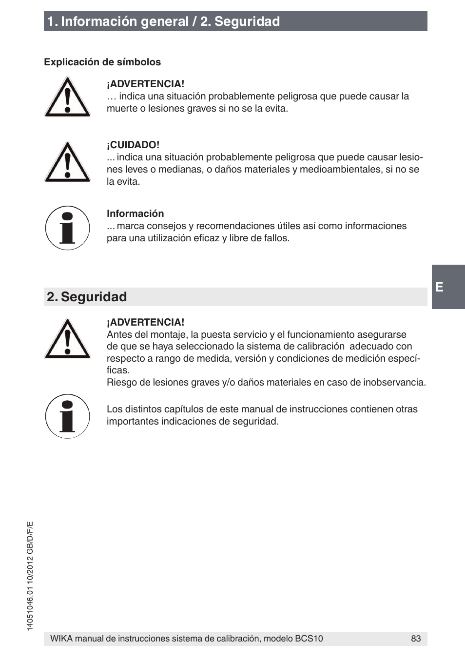 E1. información general / 2. seguridad, Seguridad | WIKA BCS10 User Manual | Page 83 / 108