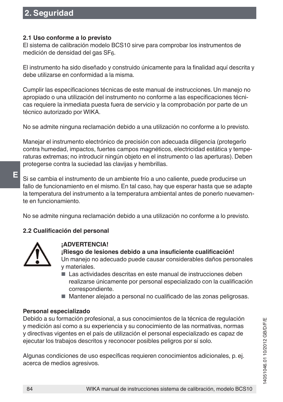 E2. seguridad | WIKA BCS10 User Manual | Page 84 / 108