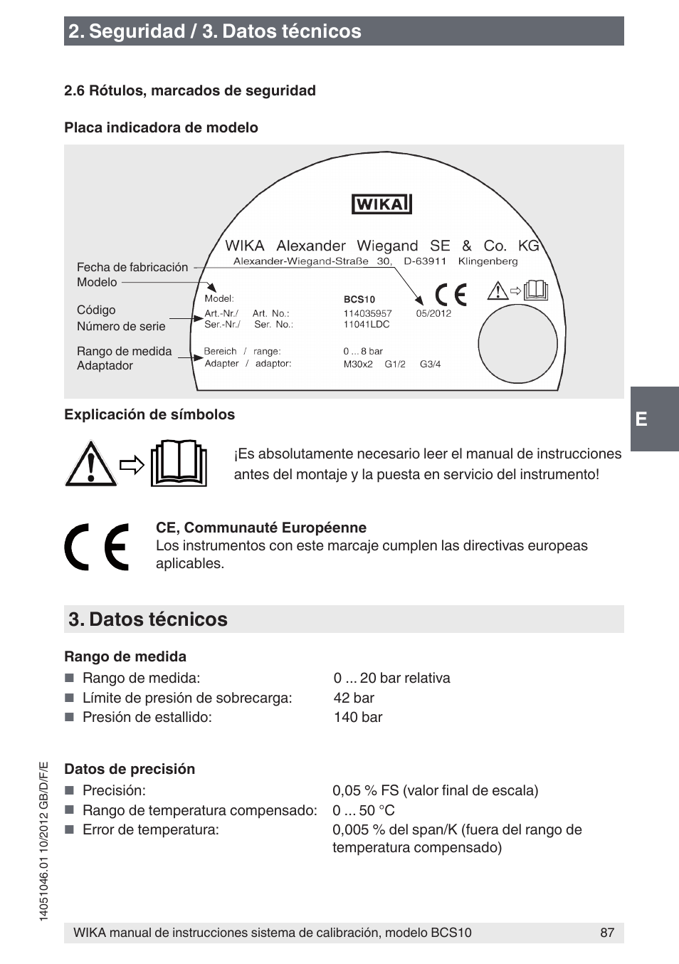 E2. seguridad / 3. datos técnicos, Datos técnicos | WIKA BCS10 User Manual | Page 87 / 108