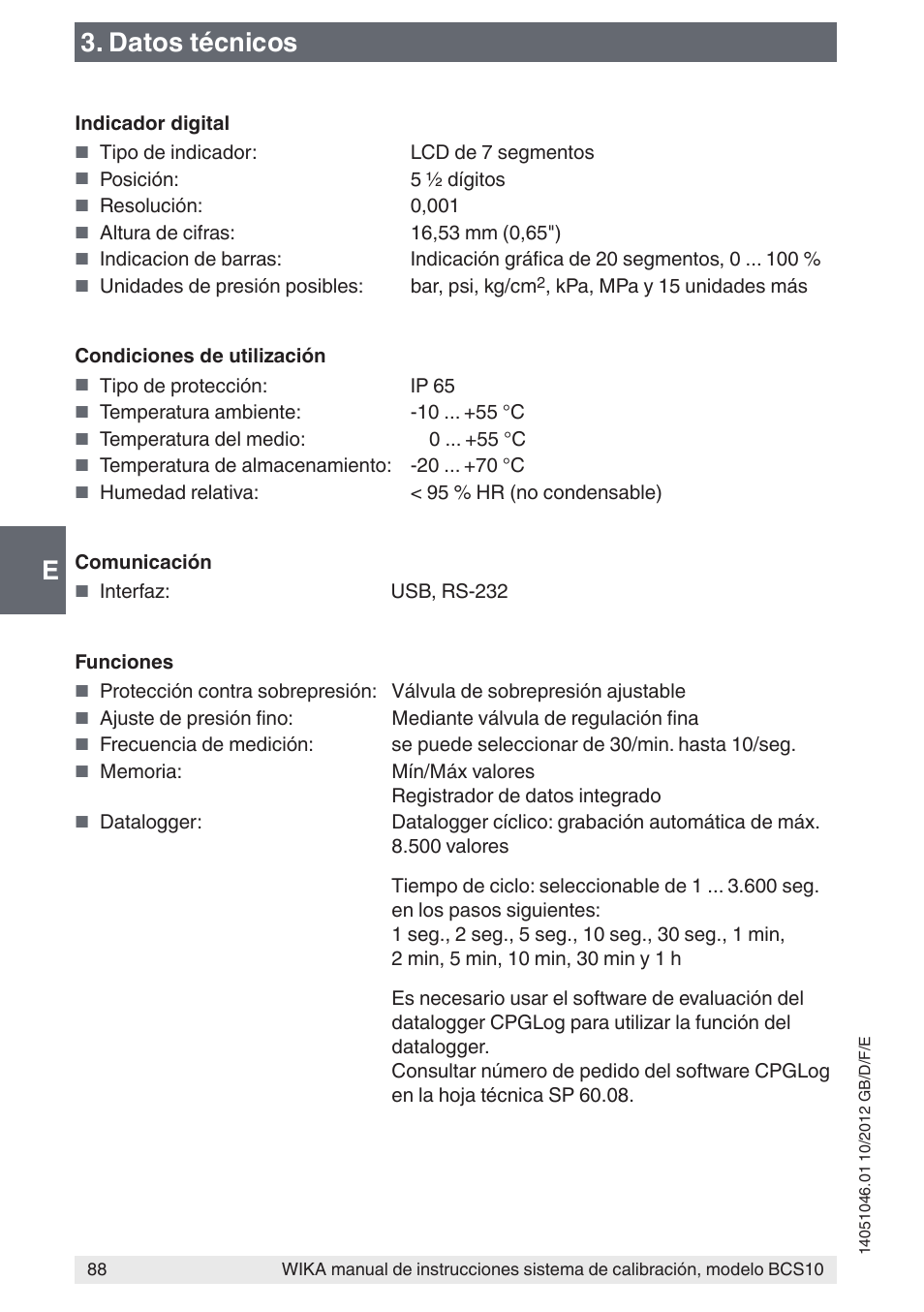 E3. datos técnicos | WIKA BCS10 User Manual | Page 88 / 108