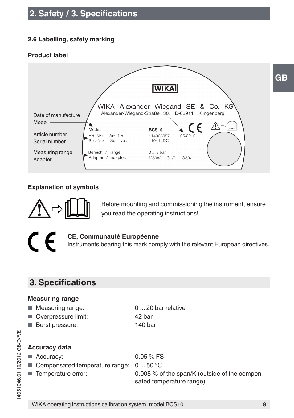 Gb 2. safety / 3. specifications, Specifications | WIKA BCS10 User Manual | Page 9 / 108