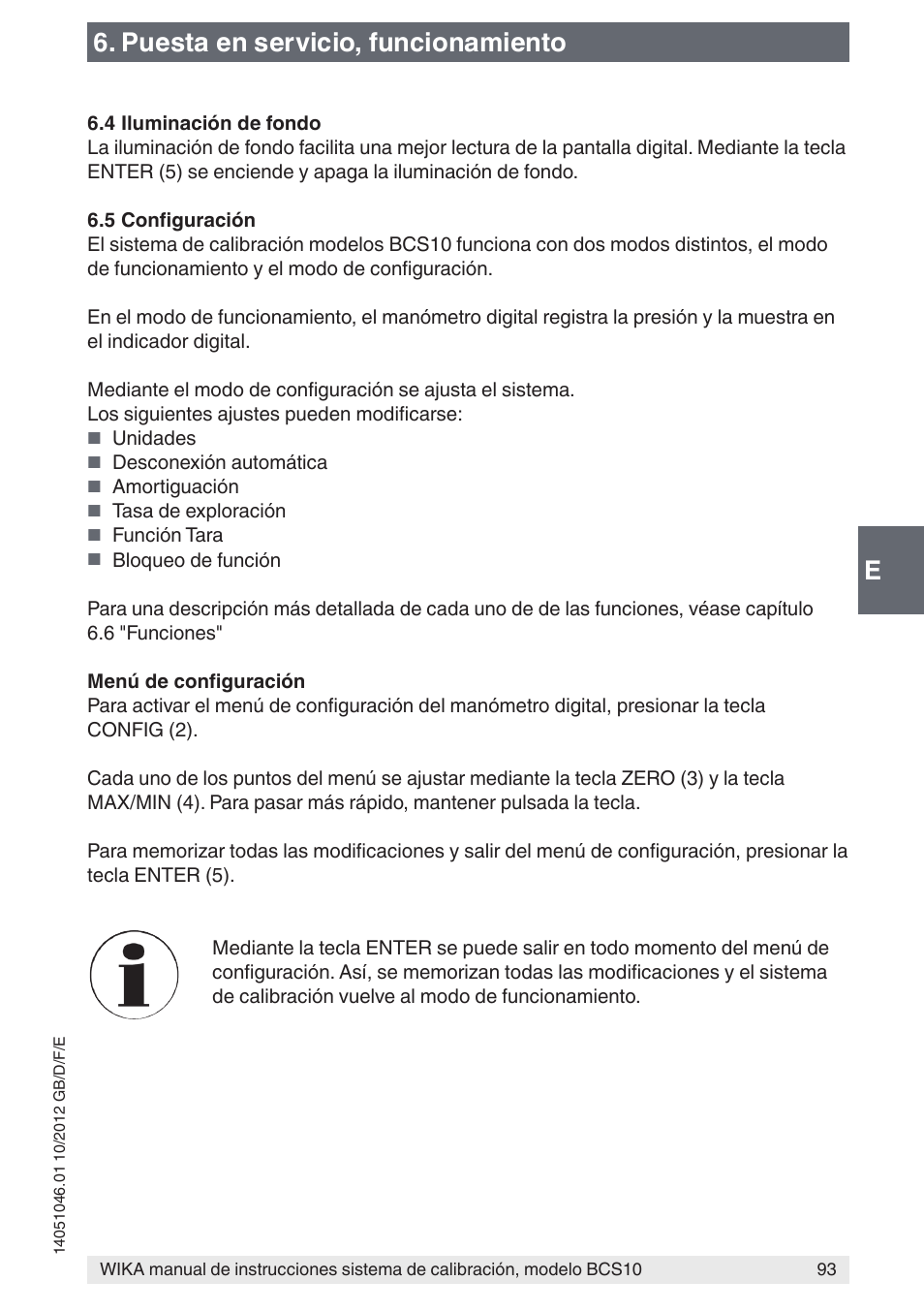 E6. puesta en servicio, funcionamiento | WIKA BCS10 User Manual | Page 93 / 108