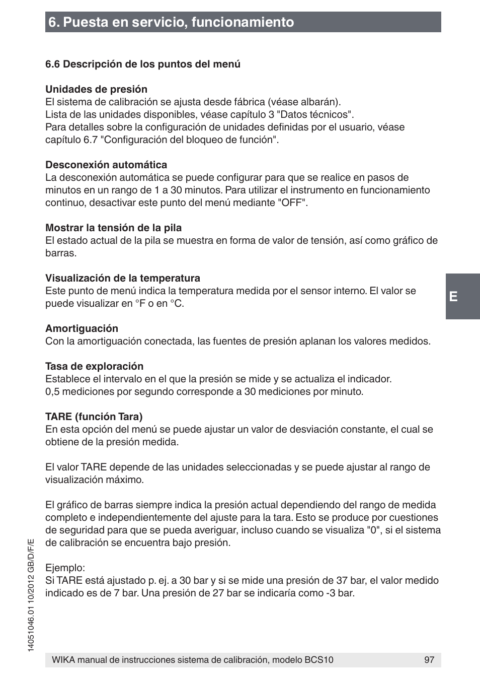 E6. puesta en servicio, funcionamiento | WIKA BCS10 User Manual | Page 97 / 108