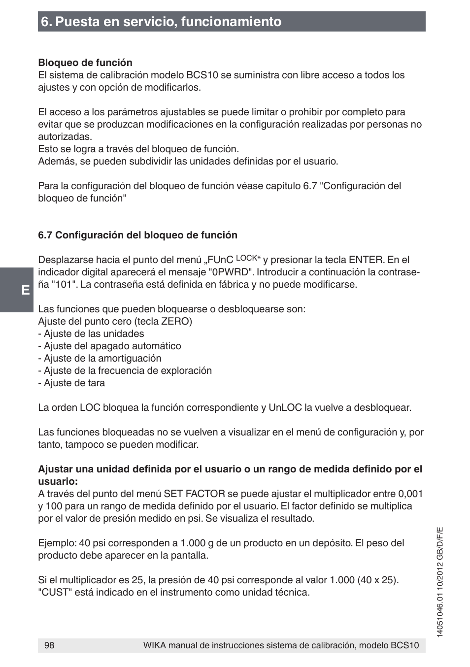 E6. puesta en servicio, funcionamiento | WIKA BCS10 User Manual | Page 98 / 108