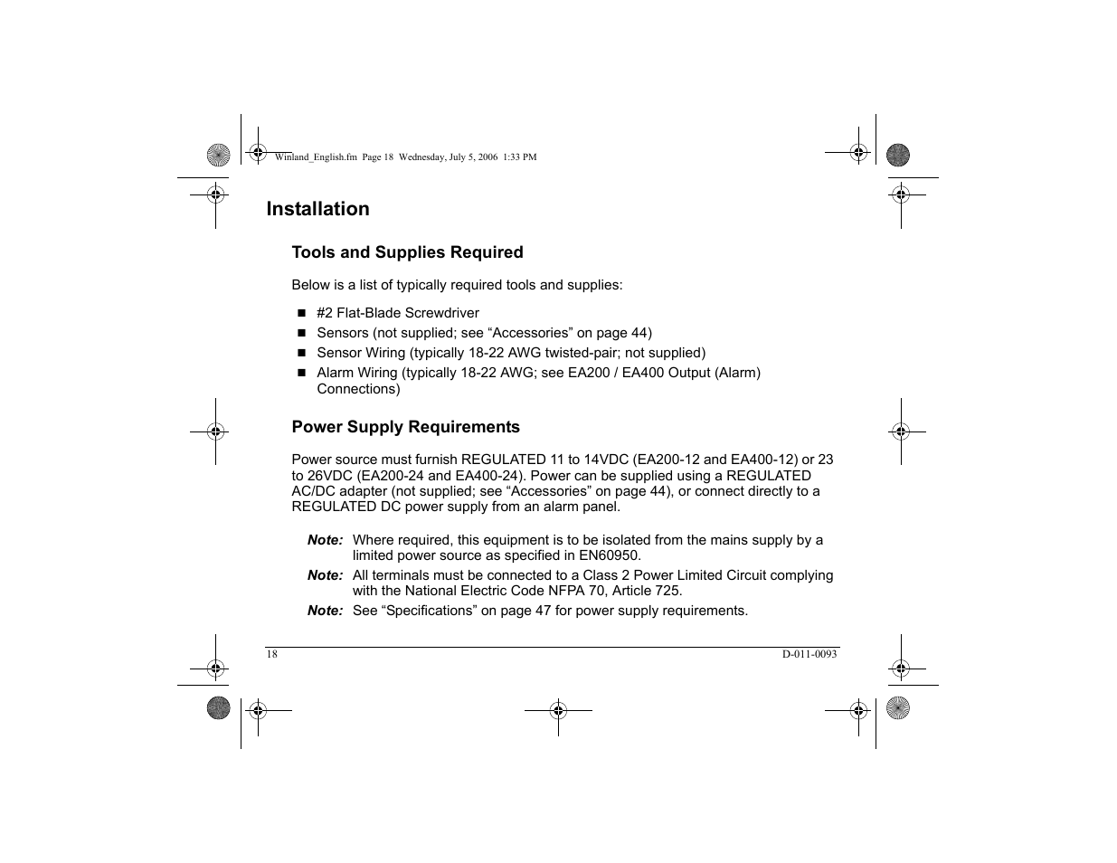 Installation, Tools and supplies required, 18 power supply requirements | Winland Electronics EA400 User Manual | Page 20 / 56