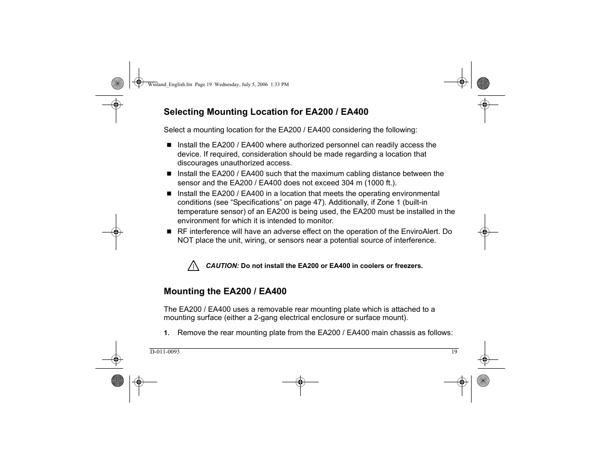 Selecting mounting location for ea200 / ea400, 19 mounting the ea200 / ea400 | Winland Electronics EA400 User Manual | Page 21 / 56