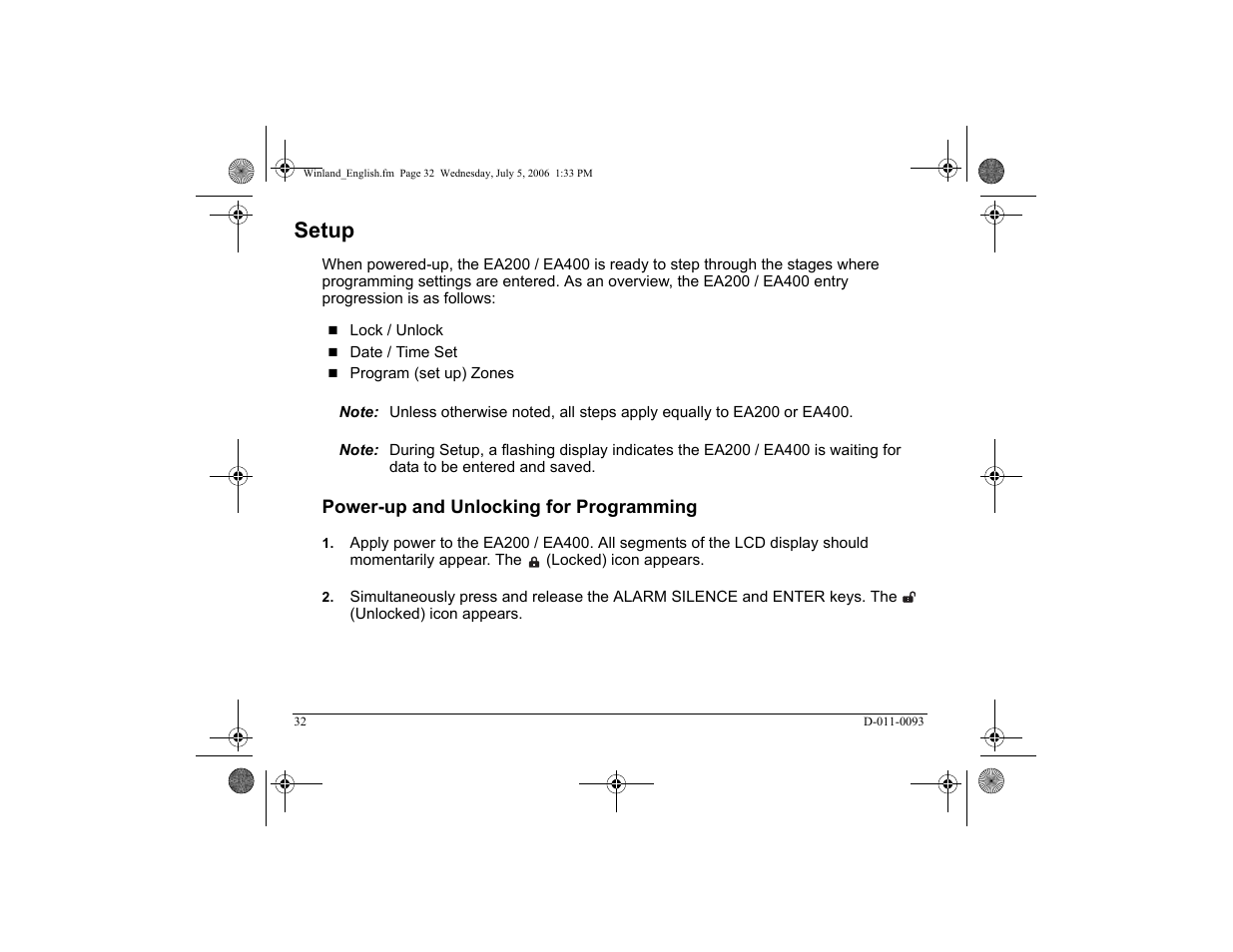Setup, Power-up and unlocking for programming | Winland Electronics EA400 User Manual | Page 34 / 56
