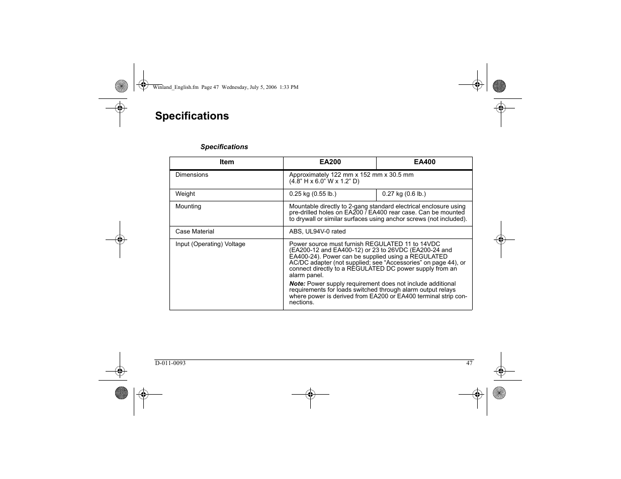 Specifications | Winland Electronics EA400 User Manual | Page 49 / 56