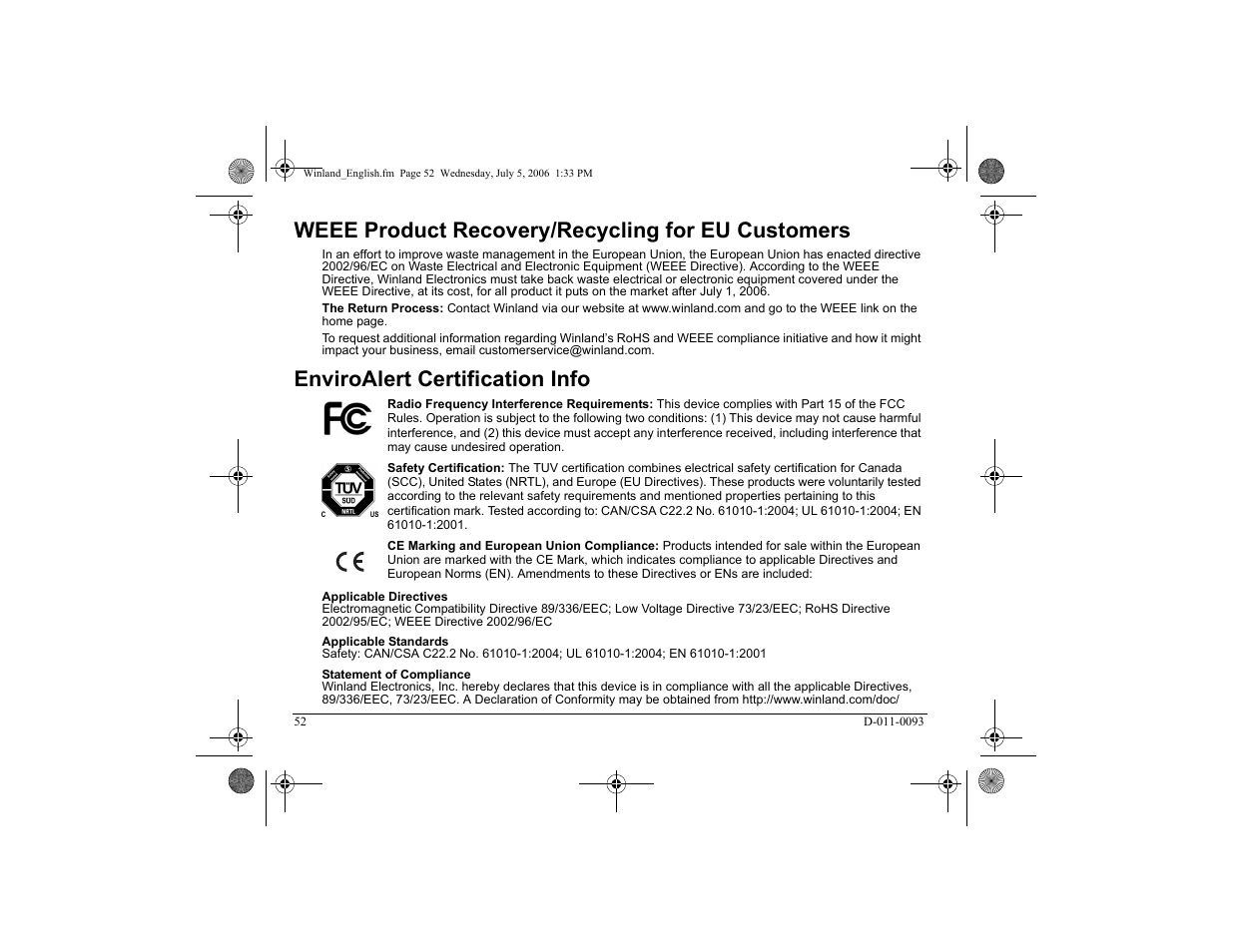 Weee product recovery/recycling for eu customers, Enviroalert certification info, 52 enviroalert certification info | Winland Electronics EA400 User Manual | Page 54 / 56