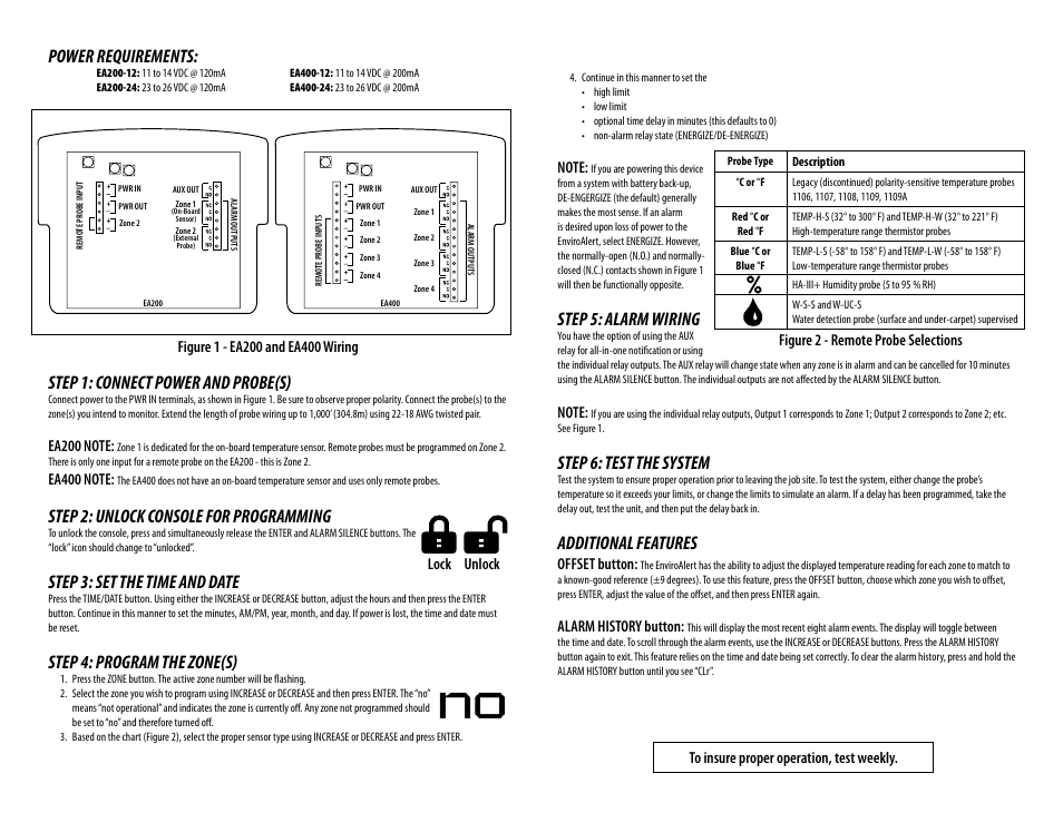 Step 1: connect power and probe(s), Step 2: unlock console for programming, Step 3: set the time and date | Step 4: program the zone(s), Step 5: alarm wiring, Step 6: test the system, Additional features, Power requirements, Offset button, Alarm history button | Winland Electronics EA200 User Manual | Page 3 / 4