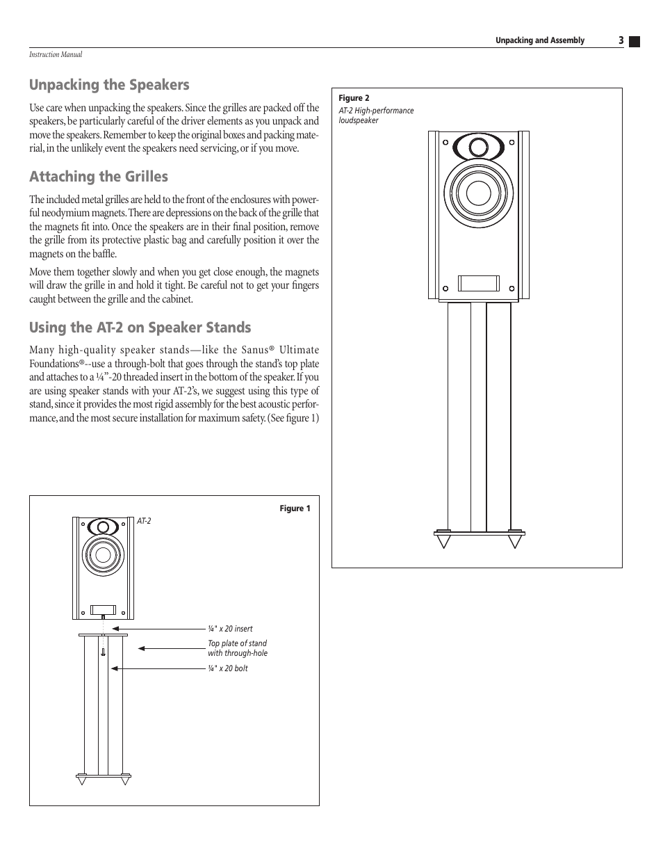 Unpacking the speakers, Attaching the grilles, Using the at-2 on speaker stands | Atlantic Technology AT-2 User Manual | Page 3 / 12