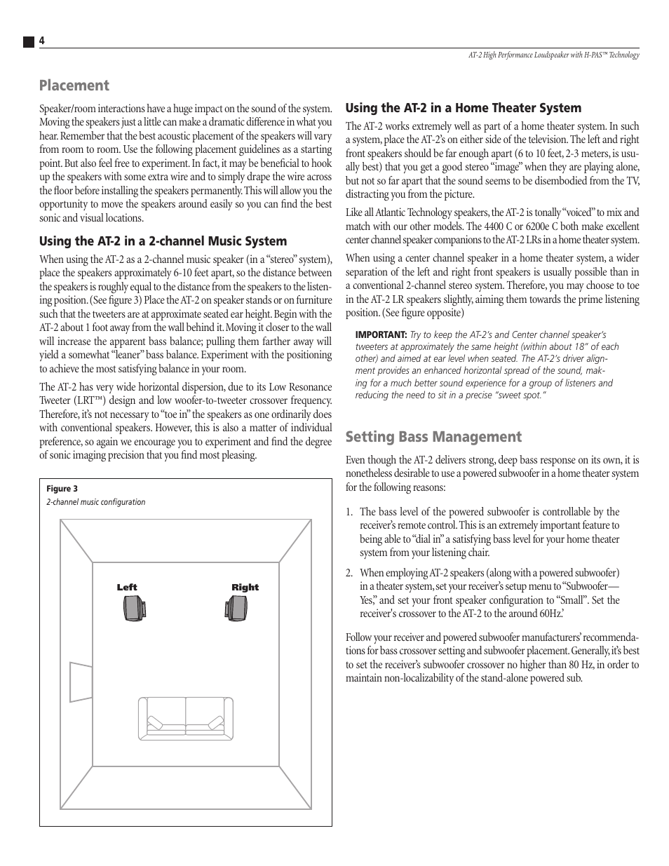 Placement, Setting bass management | Atlantic Technology AT-2 User Manual | Page 4 / 12