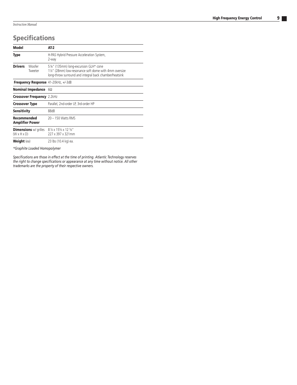 Specifications | Atlantic Technology AT-2 User Manual | Page 9 / 12