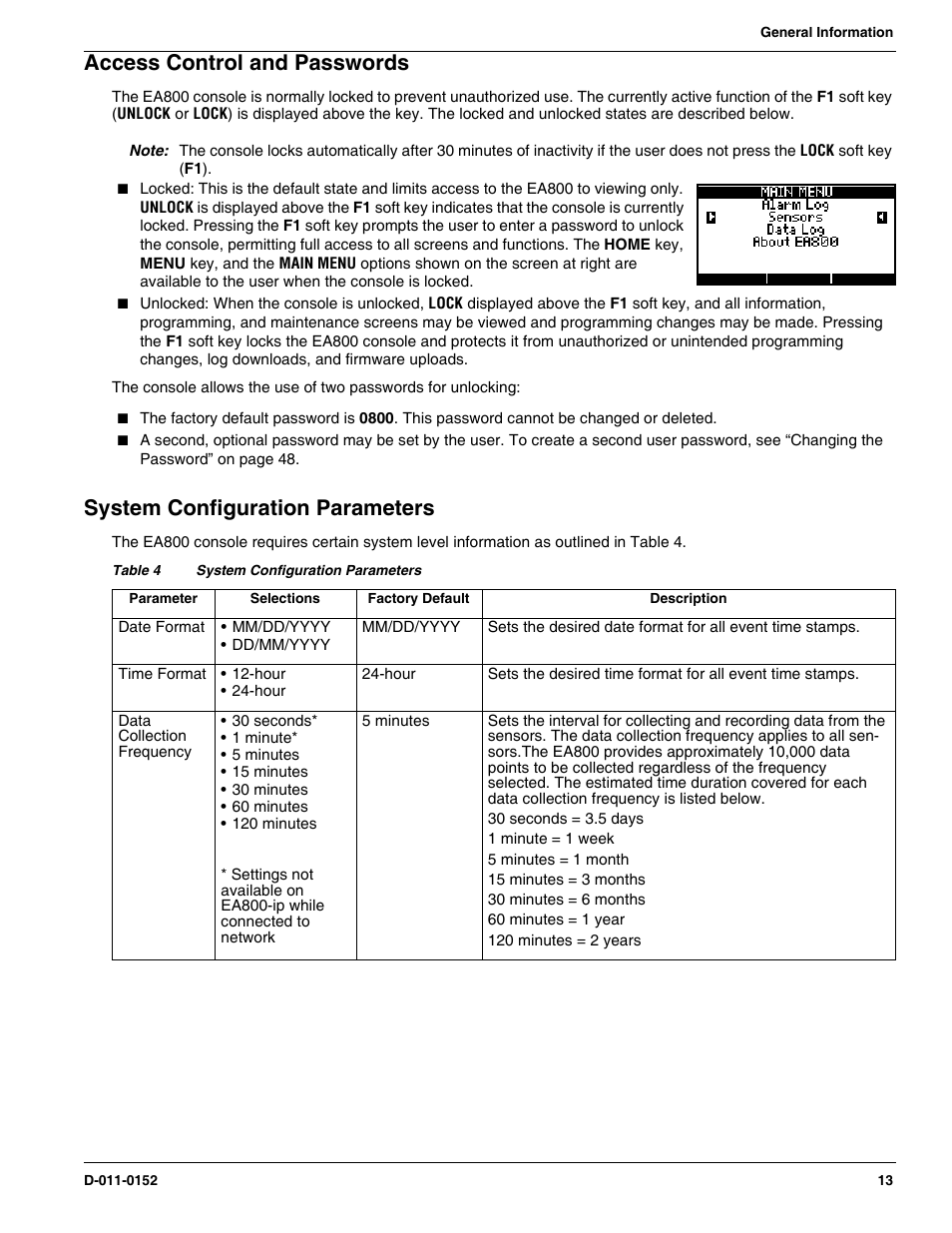 Access control and passwords, System configuration parameters | Winland Electronics EA800-ip User Manual | Page 13 / 60