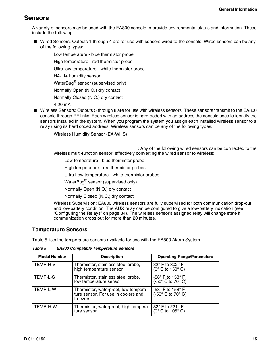 Sensors, Temperature sensors | Winland Electronics EA800-ip User Manual | Page 15 / 60