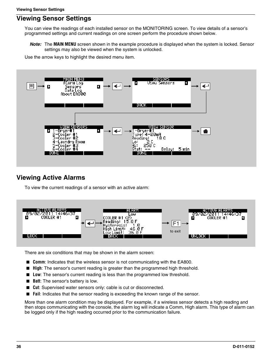 Viewing sensor settings, Viewing active alarms, Viewing sensor settings viewing active alarms | Winland Electronics EA800-ip User Manual | Page 36 / 60