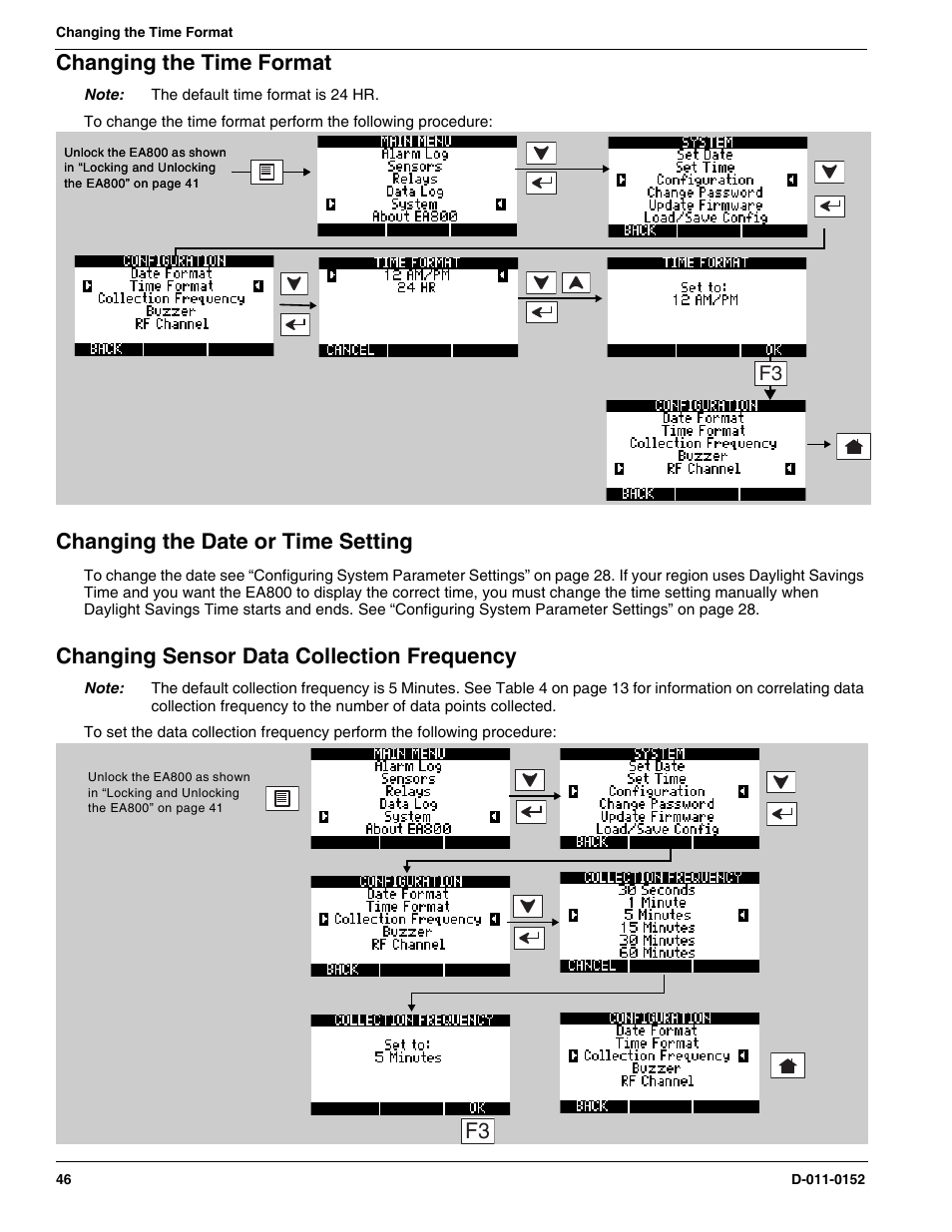 Changing the time format, Changing the date or time setting, Changing sensor data collection frequency | Winland Electronics EA800-ip User Manual | Page 46 / 60
