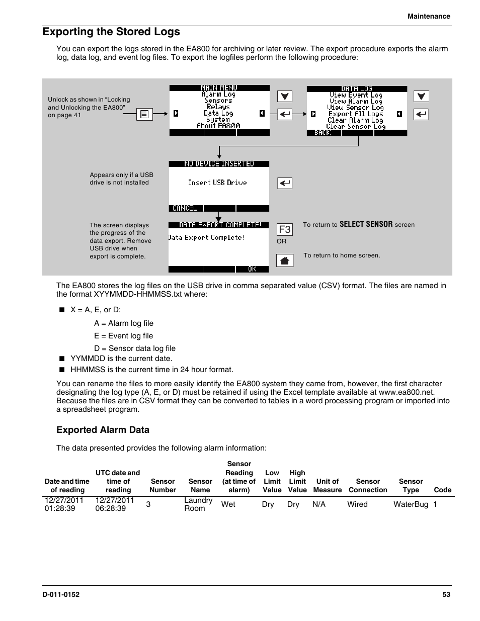 Exporting the stored logs, Exported alarm data | Winland Electronics EA800-ip User Manual | Page 53 / 60