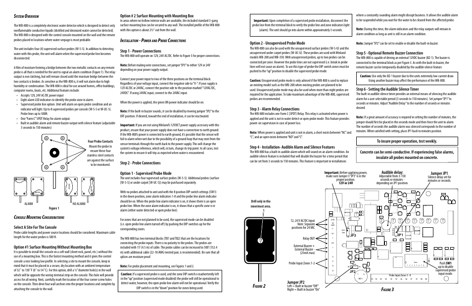 Select a site for the console, Option #1 surface mounting without mounting box, Option # 2 surface mounting with mounting box | Step 1 - power connections, Option 2 - unsupervised probe mode, Step 3 - alarm relay connections, Step 5 - optional remote buzzer connection, Step 6 - setting the audible silence timer, Audible delay, Jumper jp1 | Winland Electronics WB800 User Manual | Page 3 / 4