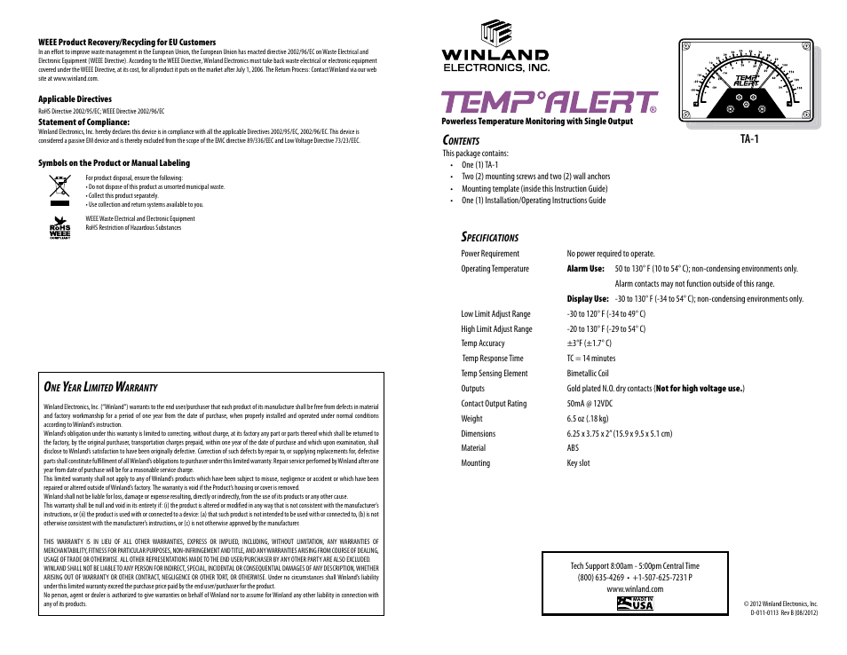 Winland Electronics TA-1 User Manual | 4 pages