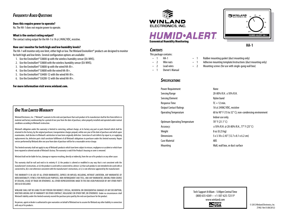 Winland Electronics HA-1 User Manual | 4 pages