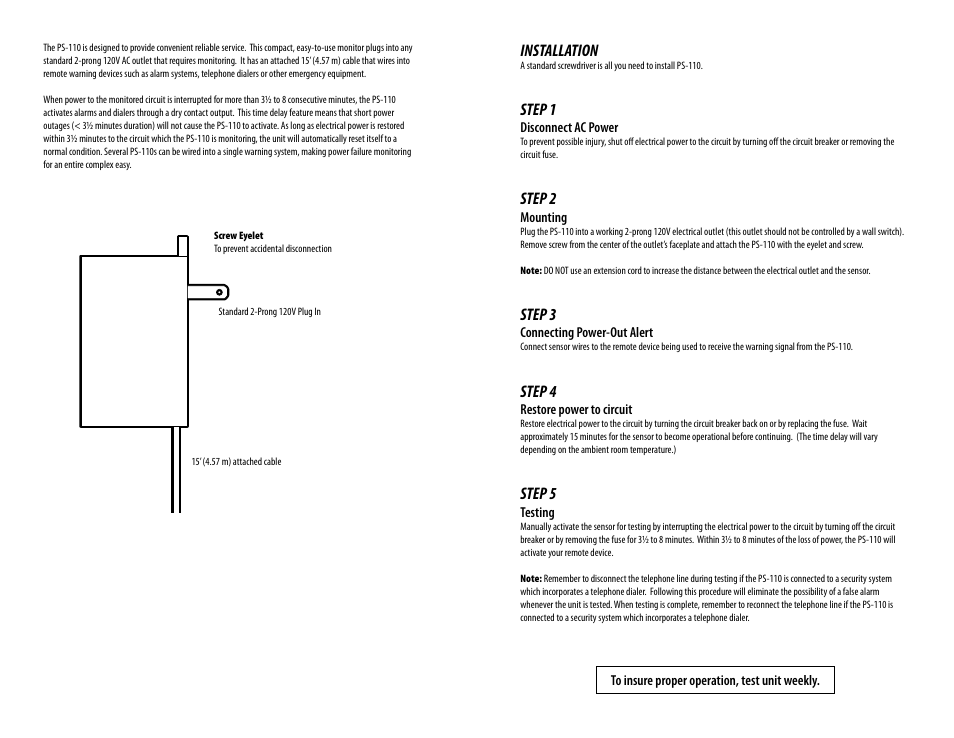 Installation, Step 1, Step 2 | Step 3, Step 4, Step 5 | Winland Electronics PS-110 User Manual | Page 2 / 4