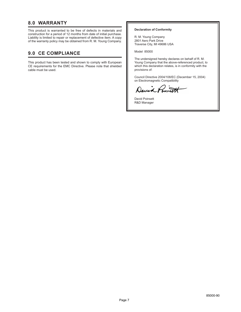 0 warranty, 0 ce compliance | Young Ultrasonic Anemometer Voltage and Serial Output Model 85000 User Manual | Page 10 / 16