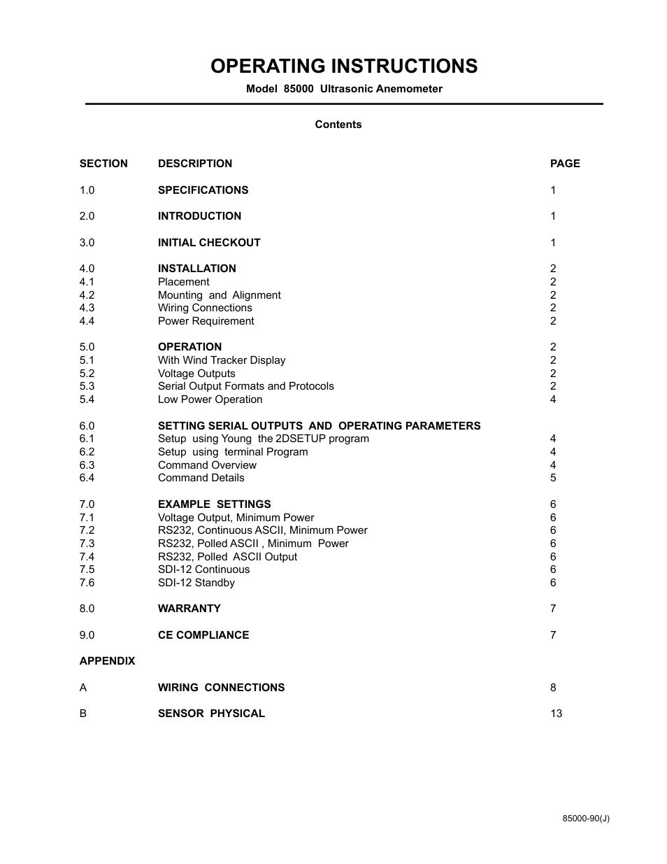 Operating instructions | Young Ultrasonic Anemometer Voltage and Serial Output Model 85000 User Manual | Page 2 / 16