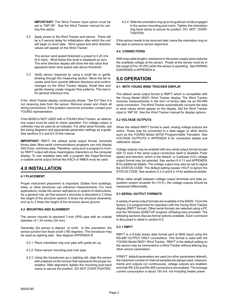 0 installation, 0 operation | Young Ultrasonic Anemometer Voltage and Serial Output Model 85000 User Manual | Page 5 / 16