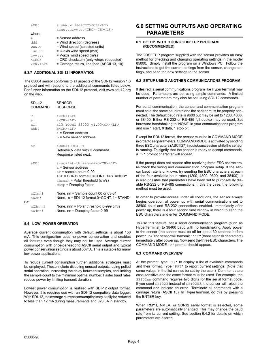 0 setting outputs and operating parameters | Young Ultrasonic Anemometer Voltage and Serial Output Model 85000 User Manual | Page 7 / 16