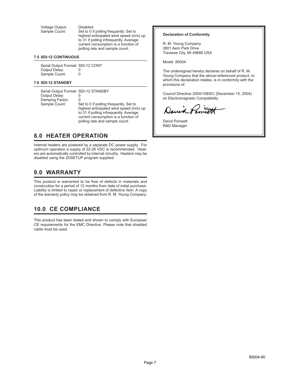 0 heater operation, 0 warranty, 0 ce compliance | Young Ultrasonic Anemometer Heated Model 85004 User Manual | Page 10 / 16