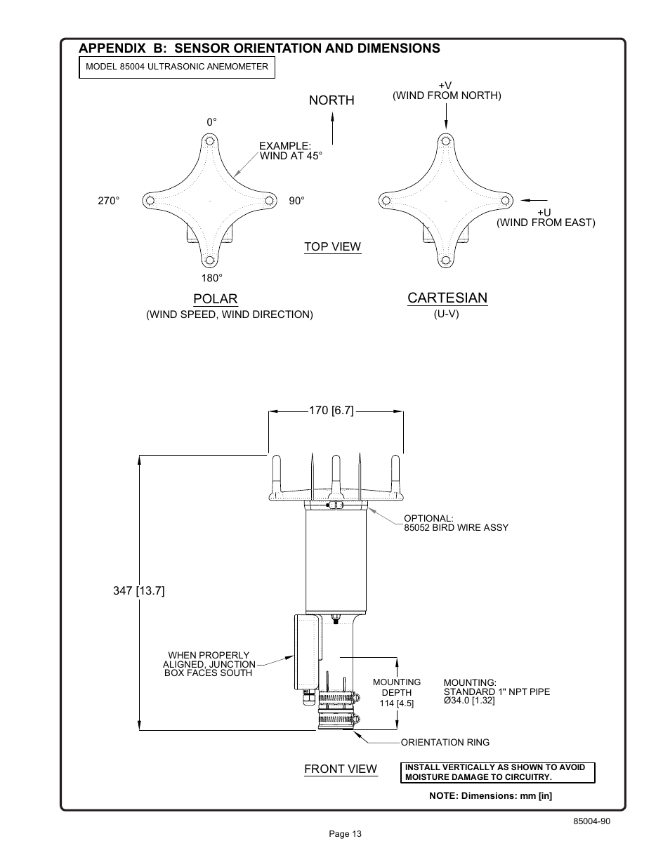 Cartesian, North, Polar | Appendix b: sensor orientation and dimensions | Young Ultrasonic Anemometer Heated Model 85004 User Manual | Page 16 / 16