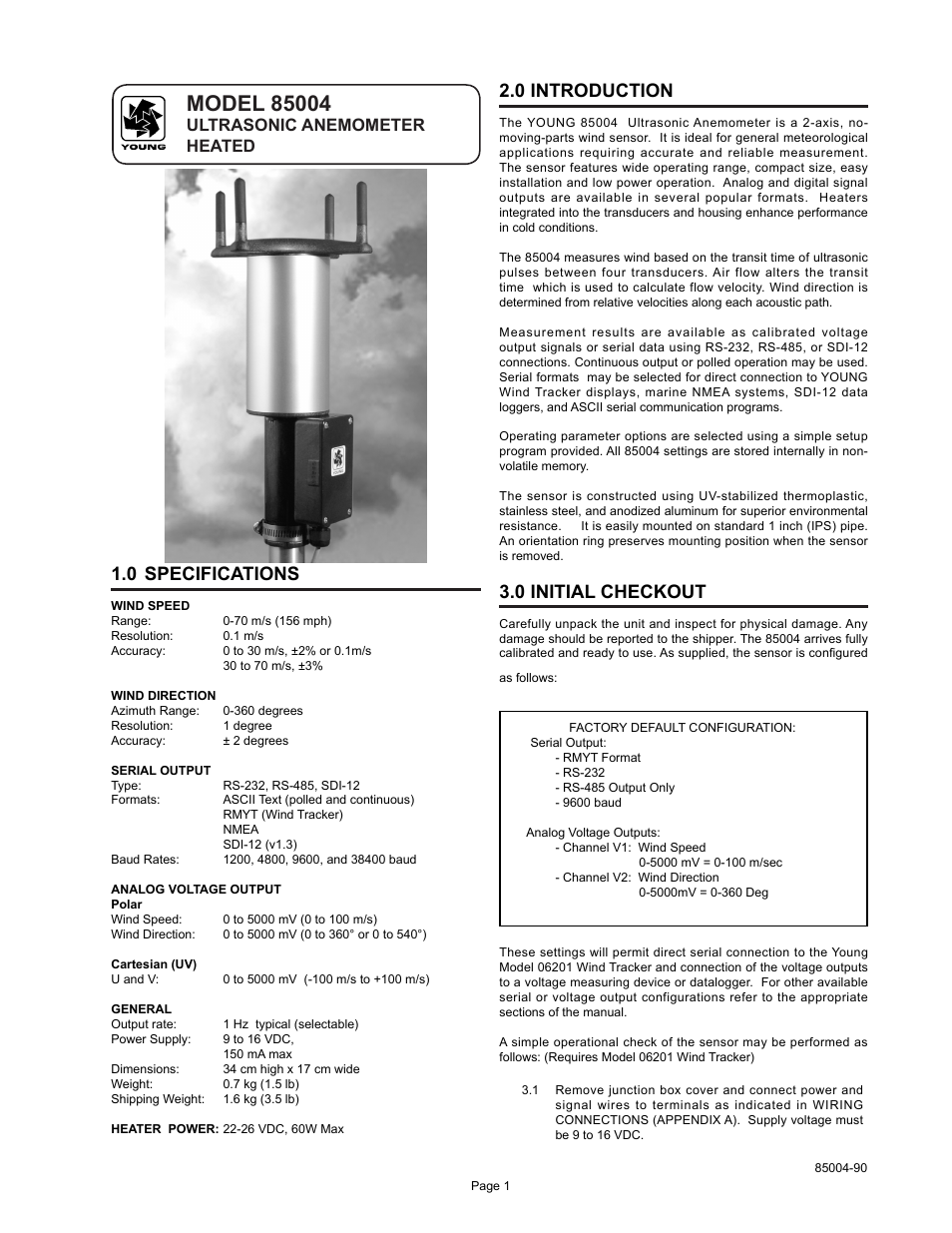 0 specifications, 0 introduction, 0 initial checkout | Ultrasonic anemometer heated | Young Ultrasonic Anemometer Heated Model 85004 User Manual | Page 4 / 16