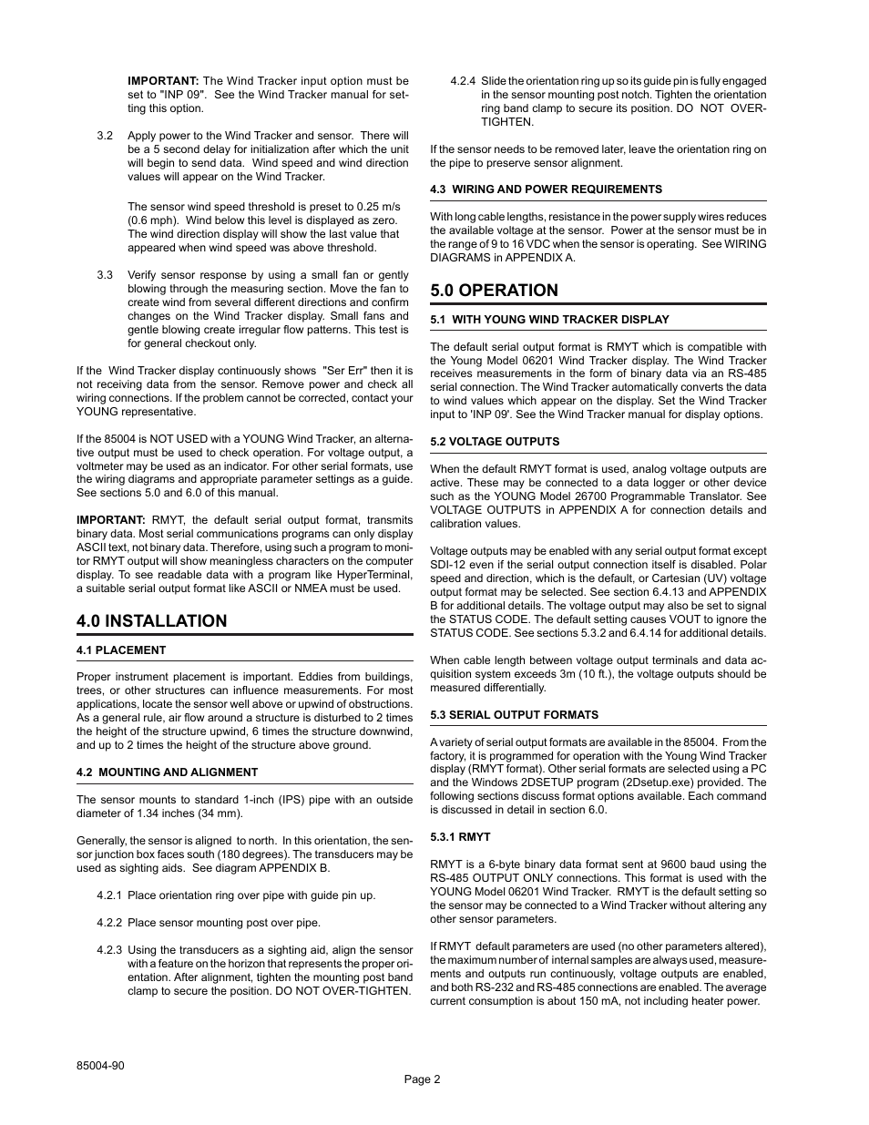 0 installation, 0 operation | Young Ultrasonic Anemometer Heated Model 85004 User Manual | Page 5 / 16