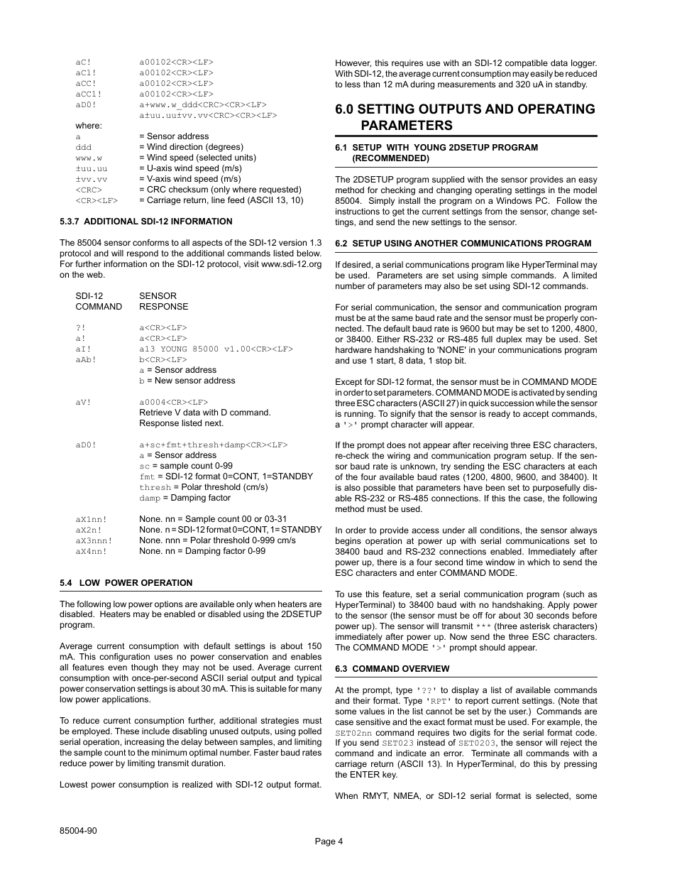 0 setting outputs and operating parameters | Young Ultrasonic Anemometer Heated Model 85004 User Manual | Page 7 / 16