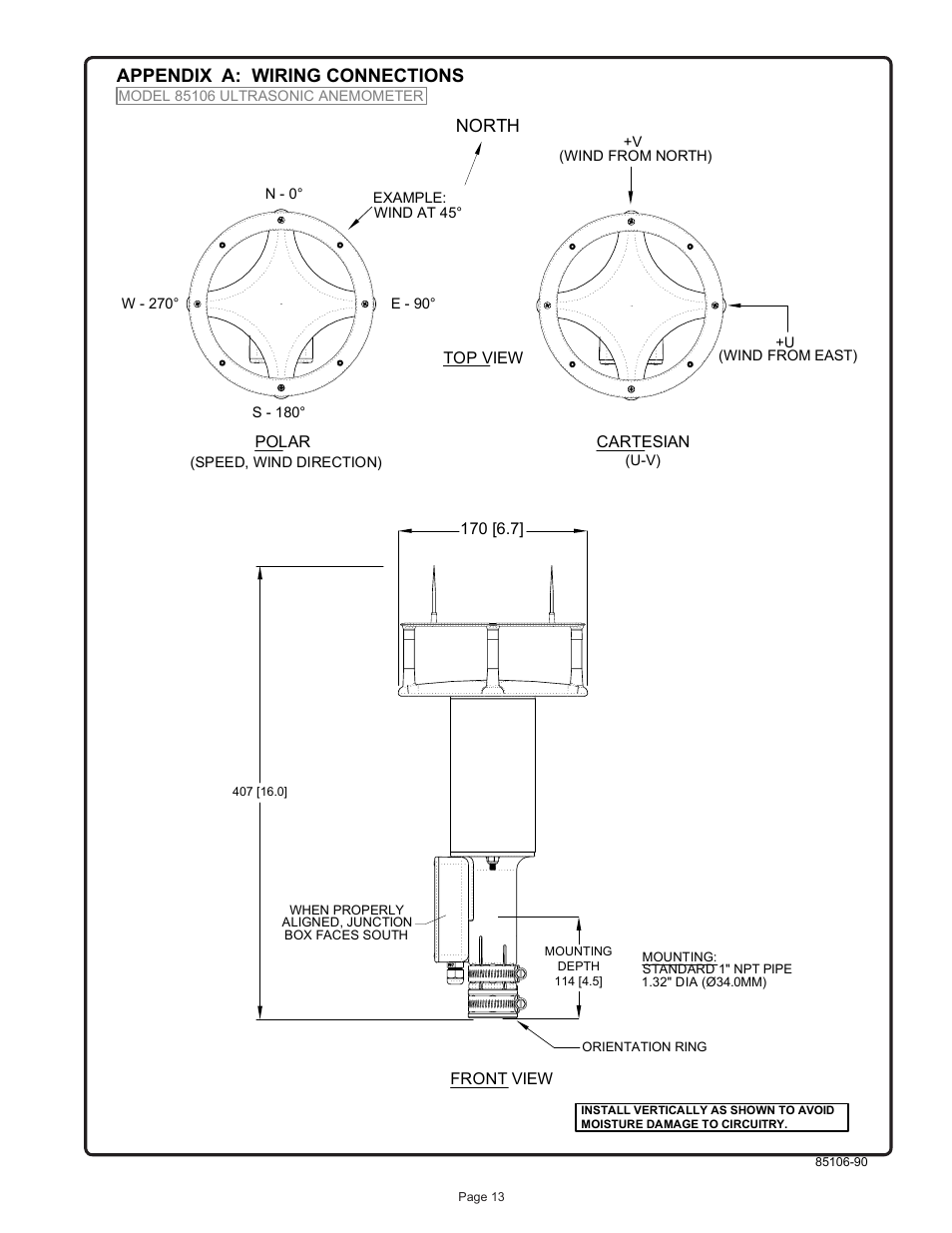 North, Appendix a: wiring connections | Young Ultrasonic Anemometer Marine Model Model 85106 User Manual | Page 16 / 16