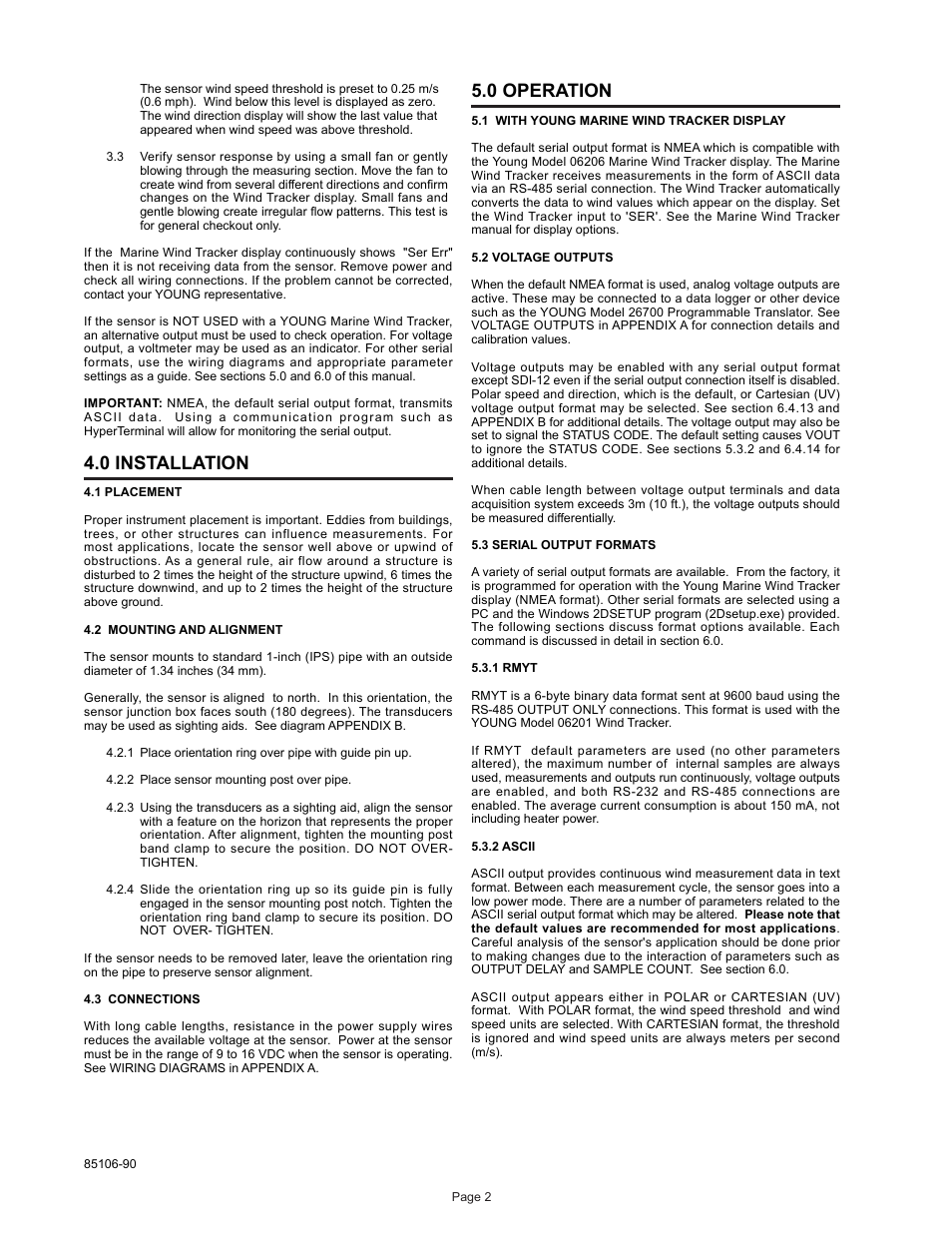 0 installation, 0 operation | Young Ultrasonic Anemometer Marine Model Model 85106 User Manual | Page 5 / 16